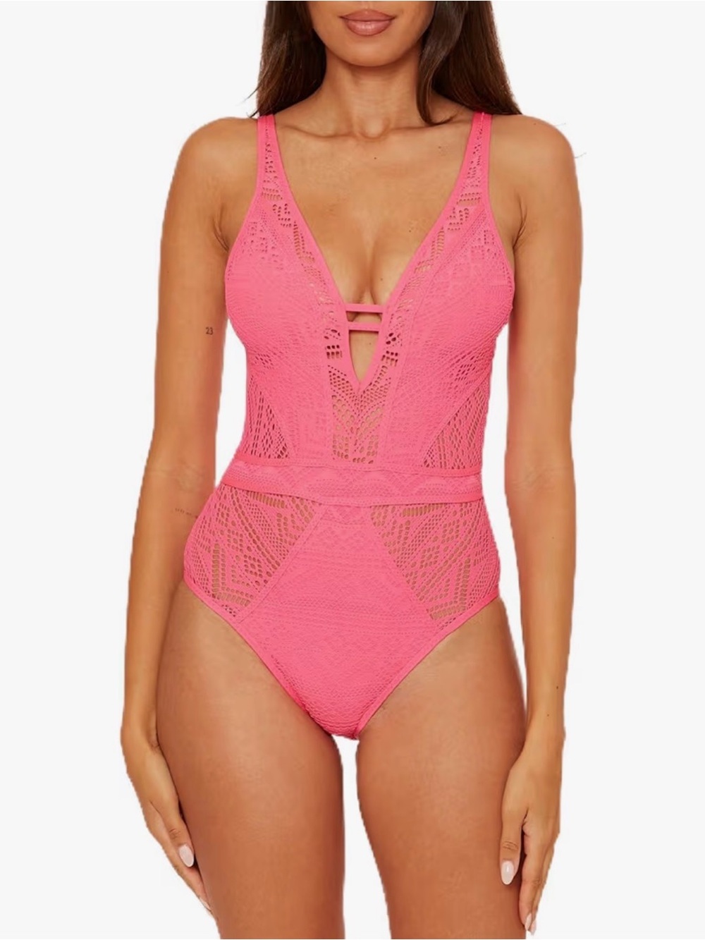 Becca Pink Crochet Plunge One-Piece Swimsuit NWT